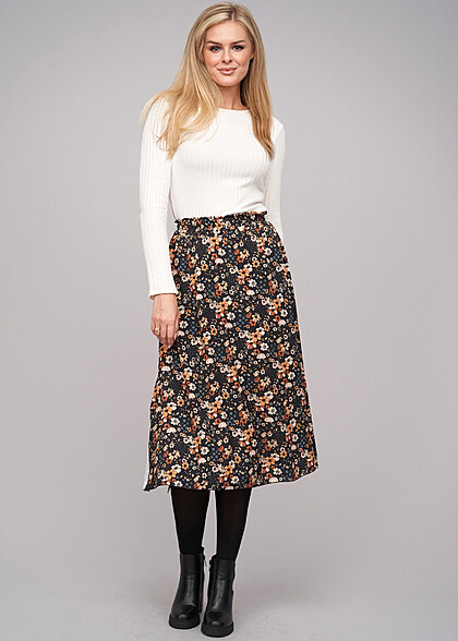 Cloud5ive Dames Midi Rok met Bloemen Print zijsplit zwart veelkleurig