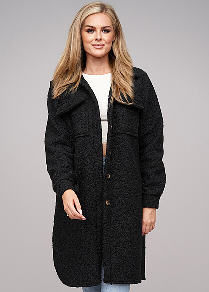 Cloud5ive Dames Teddy Mantel in Longform Blouse-stijl zwart