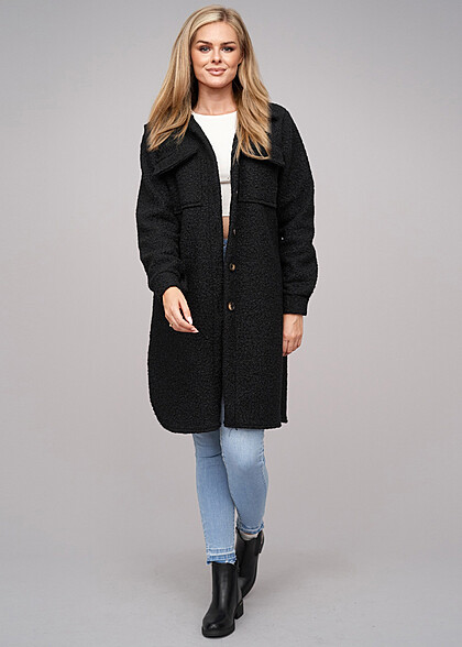 Cloud5ive Dames Teddy Mantel in Longform Blouse-stijl zwart