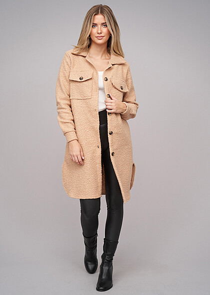 Cloud5ive Dames Teddy Mantel in Longform Blouse-stijl beige