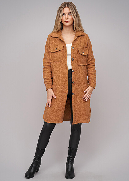 Cloud5ive Dames Teddy Mantel in Longform Blouse-stijl camelbruin