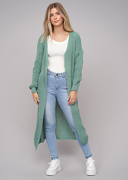 Cloud5ive Dames Grofgebreide Longform Cardigan groen