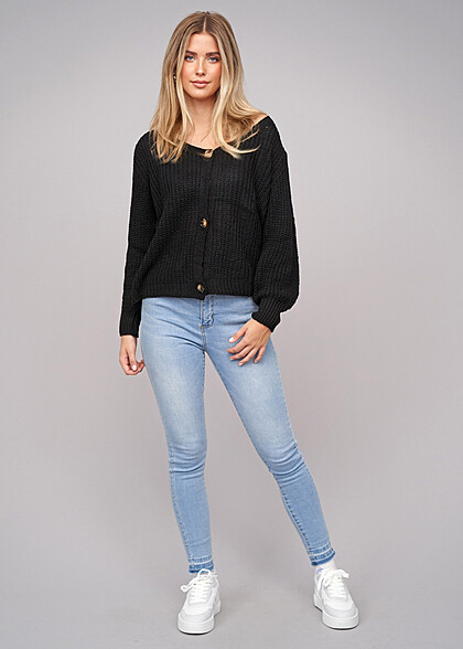 Cloud5ive Dames Gebreide Jas Cardigan met Knoopsluiting en V-Hals zwart