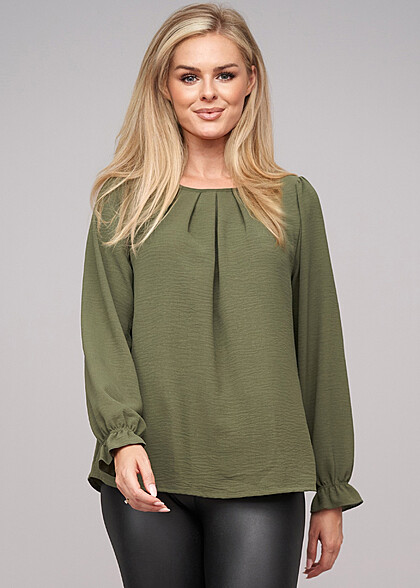 Cloud5ive Dames Lange Mouw Blouse met Plooien military groen