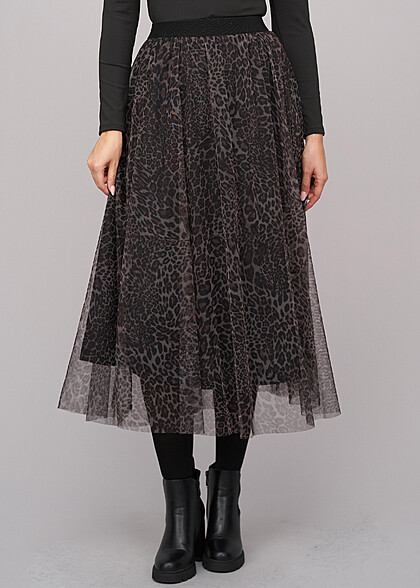Cloud5ive Dames Longform Rok 2-laags met Luipaard Print zwart
