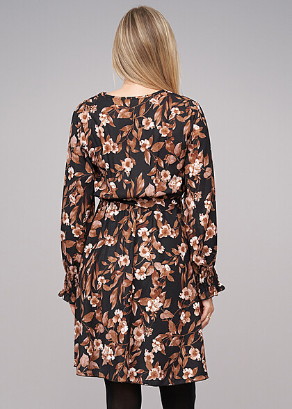 Cloud5ive Dames Lange Mouw Jurk Wickeloptiek met Bloemen Print incl Bindceintuur bruin zwart