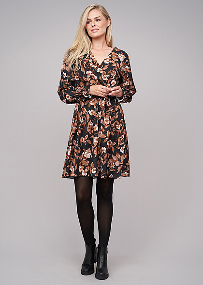 Cloud5ive Dames Lange Mouw Jurk Wickeloptiek met Bloemen Print incl Bindceintuur bruin zwart