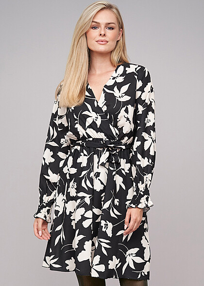 Cloud5ive Dames Lange Mouw Jurk Wickeloptiek met Bloemen Print incl Bindceintuur beige zwart
