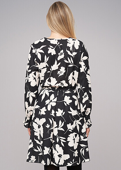 Cloud5ive Dames Lange Mouw Jurk Wickeloptiek met Bloemen Print incl Bindceintuur beige zwart