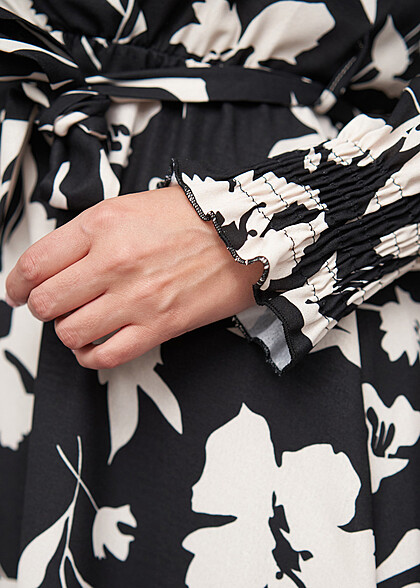 Cloud5ive Dames Lange Mouw Jurk Wickeloptiek met Bloemen Print incl Bindceintuur beige zwart