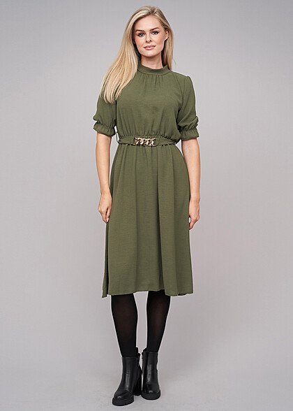 Cloud5ive Dames Lange Mouw Jurk met Ketting-Bindceintuur military groen