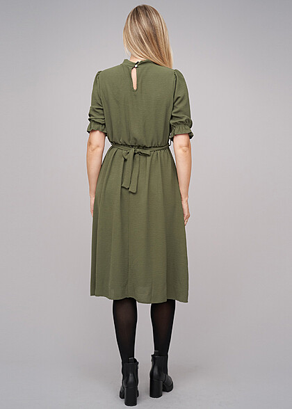 Cloud5ive Dames Lange Mouw Jurk met Ketting-Bindceintuur military groen