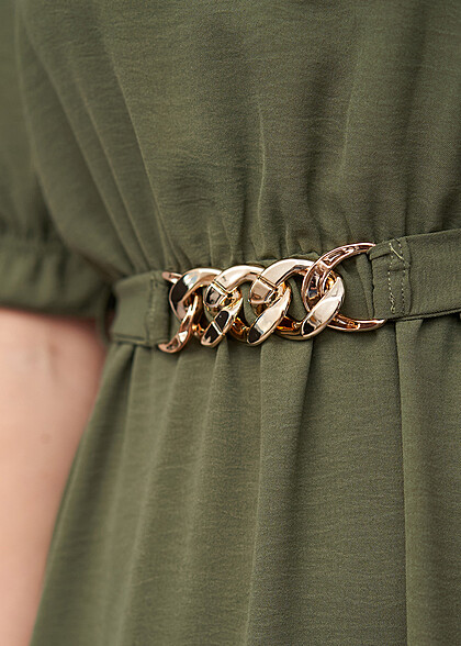 Cloud5ive Dames Lange Mouw Jurk met Ketting-Bindceintuur military groen