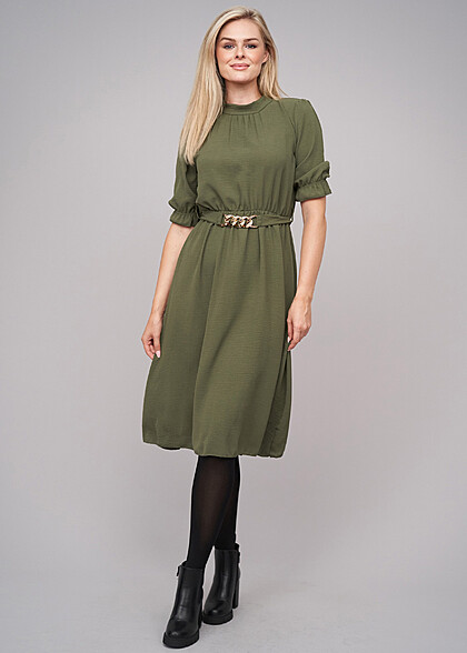 Cloud5ive Dames Lange Mouw Jurk met Ketting-Bindceintuur military groen