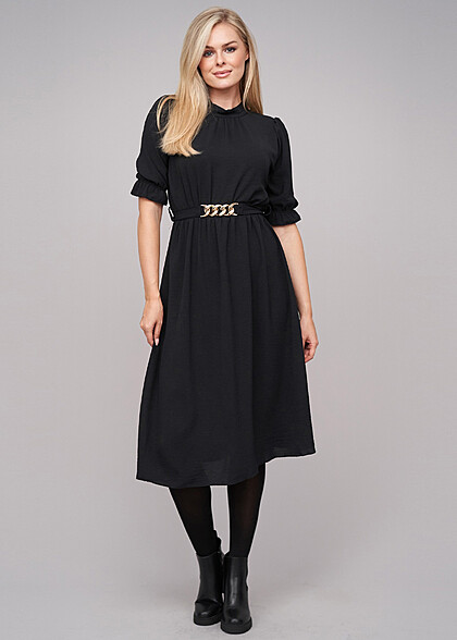 Cloud5ive Dames Lange Mouw Jurk met Ketting-Bindceintuur zwart