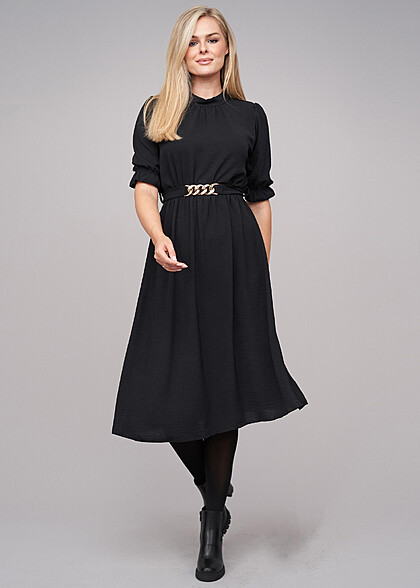 Cloud5ive Dames Lange Mouw Jurk met Ketting-Bindceintuur zwart
