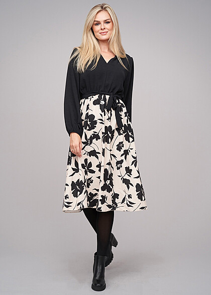 Cloud5ive Dames Lange Mouw Jurk met Bloemen Print zwart beige