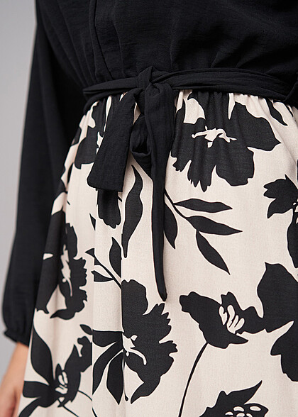 Cloud5ive Dames Lange Mouw Jurk met Bloemen Print zwart beige