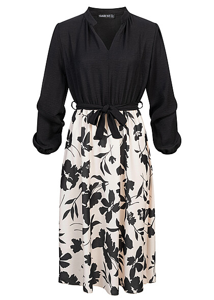 Cloud5ive Dames Lange Mouw Jurk met Bloemen Print zwart beige