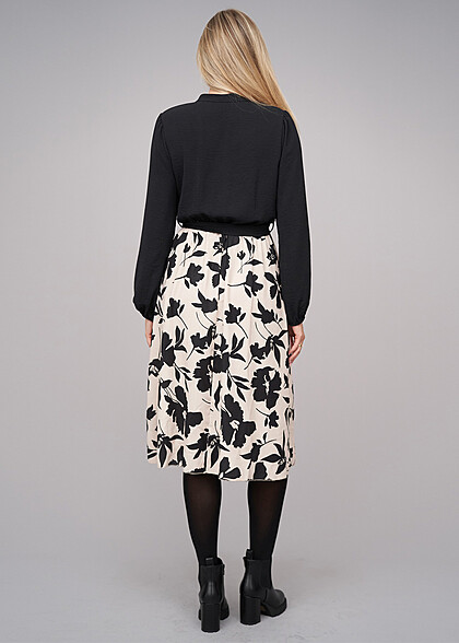 Cloud5ive Dames Lange Mouw Jurk met Bloemen Print zwart beige