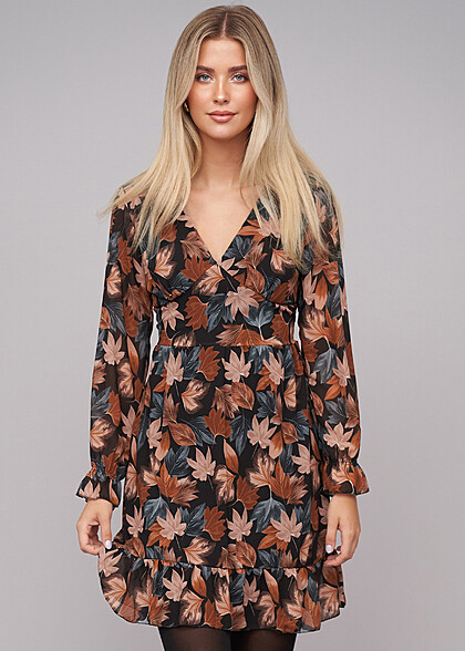 Cloud5ive Damen Langarm Chiffon Kleid mit AOP Fall Print schwarz multicolor