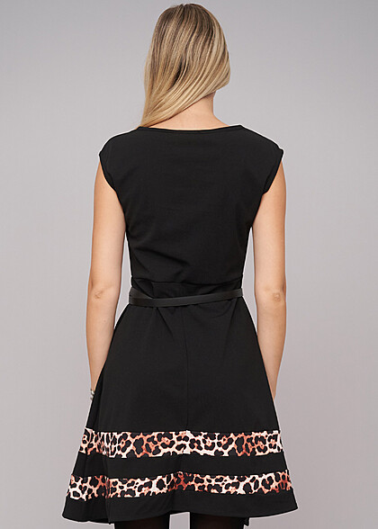 Cloud5ive Damen Kleid mit Leo Streifen und Gürtel schwarz