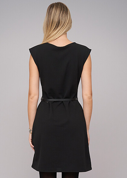 Cloud5ive Damen Basic Kleid mit Rundhals inkl. Gürtel schwarz