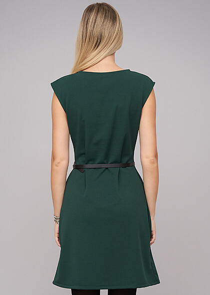Cloud5ive Damen Basic Kleid mit Rundhals inkl. Gürtel petrol grün