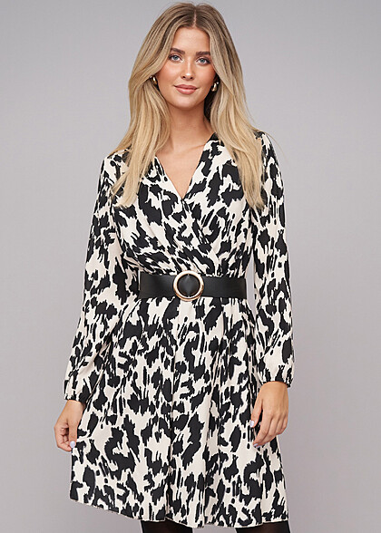 Cloud5ive Damen Langarm Kleid mit Leo-Print und Grtel schwarz beige