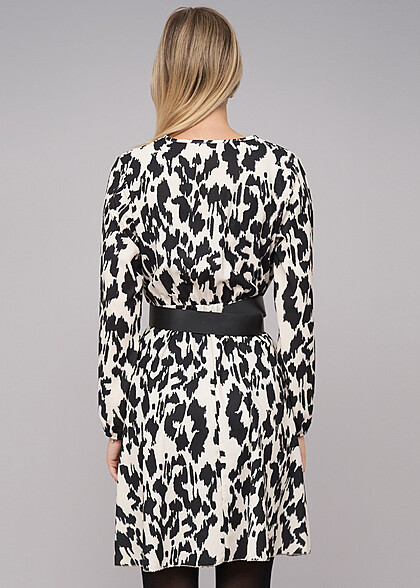 Cloud5ive Damen Langarm Kleid mit Leo-Print und Grtel schwarz beige