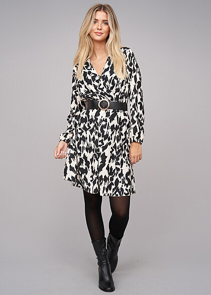 Cloud5ive Damen Langarm Kleid mit Leo-Print und Grtel schwarz beige