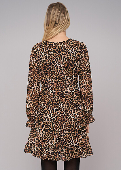 Cloud5ive Damen Langarm Kleid mit Leo-Print 2-lagig schwarz braun