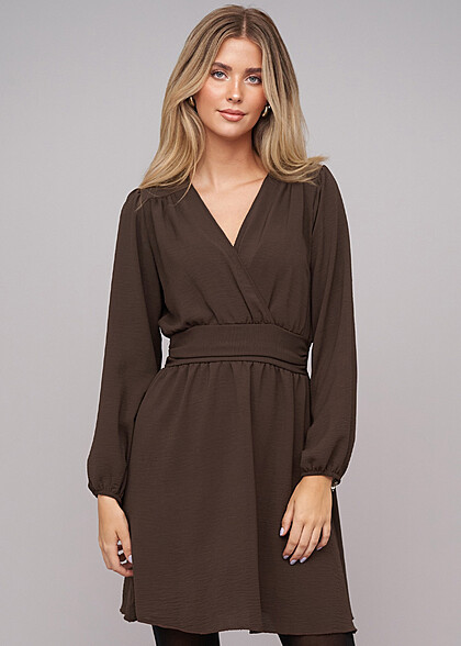 Cloud5ive Damen Langarm Kleid in Wickeloptik braun