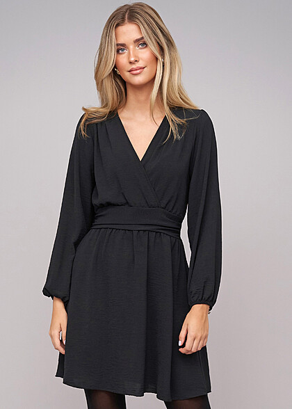 Cloud5ive Damen Langarm Kleid in Wickeloptik schwarz