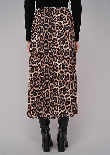 Cloud5ive Damen Longform Rock mit seitlichem Schlitz und Leo Print braun