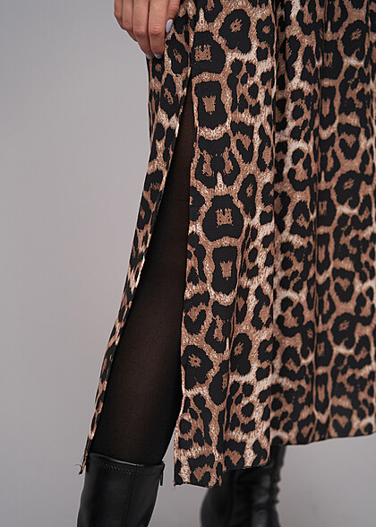 Cloud5ive Damen Longform Rock mit seitlichem Schlitz und Leo Print braun