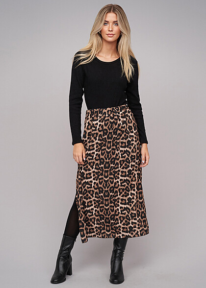 Cloud5ive Damen Longform Rock mit seitlichem Schlitz und Leo Print braun