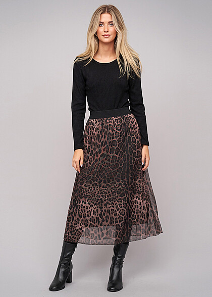 Cloud5ive Damen Rock 2-lagig mit Leo-Print schwarz