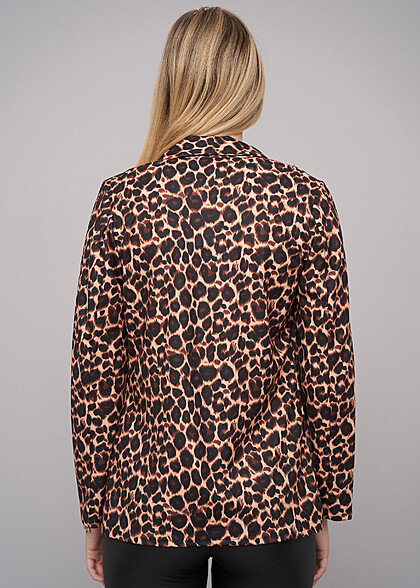 Cloud5ive Damen Langarm Blazer mit Leo-Print braun