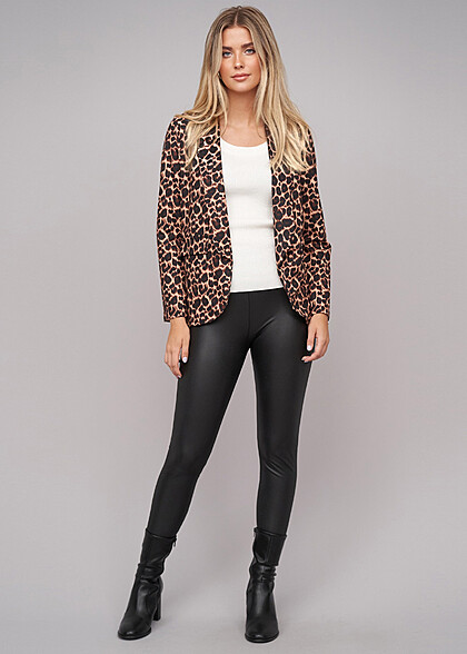 Cloud5ive Damen Langarm Blazer mit Leo-Print braun