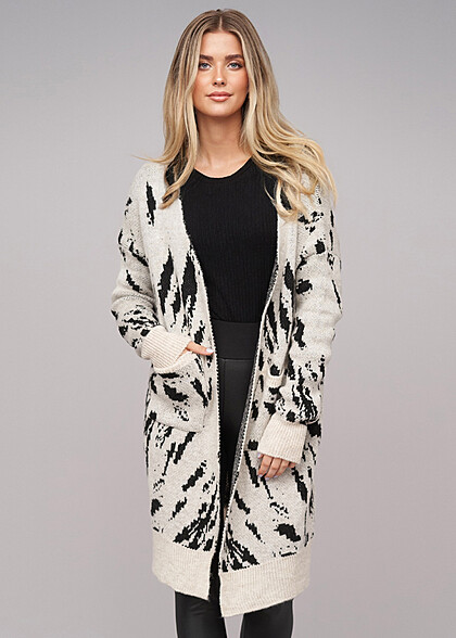 Cloud5ive Damen Langarm Strickjacke Cardigan mit Animal Print schwarz beige