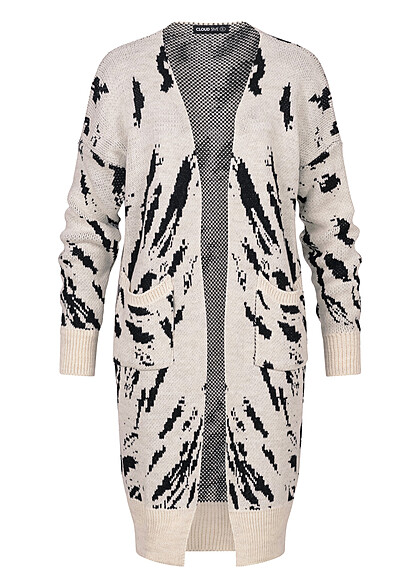 Cloud5ive Damen Langarm Strickjacke Cardigan mit Animal Print schwarz beige