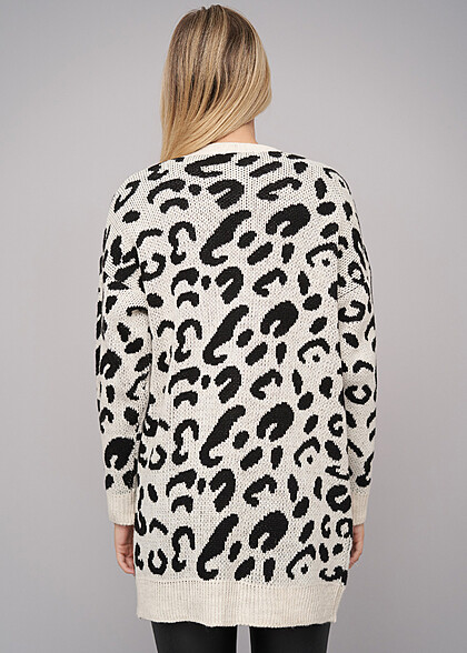 Cloud5ive Damen Cardigan Strickjacke mit Leo Print schwarz beige