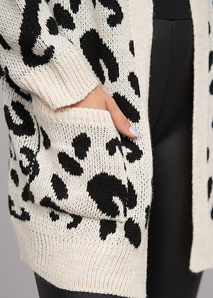 Cloud5ive Damen Cardigan Strickjacke mit Leo Print schwarz beige