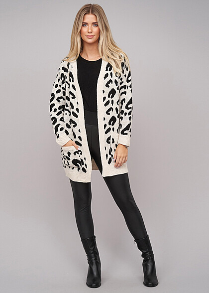Cloud5ive Damen Cardigan Strickjacke mit Leo Print schwarz beige
