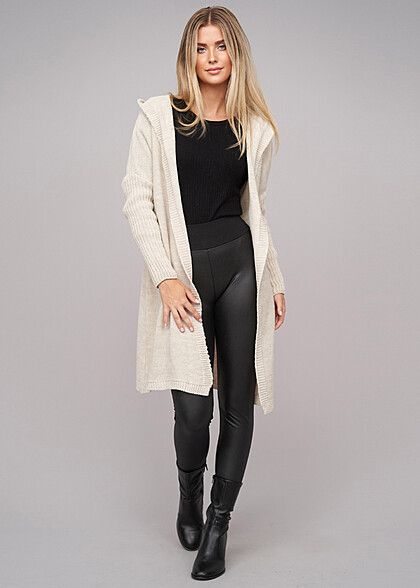 Cloud5ive Damen Longform Cardigan mit Kapuze beige
