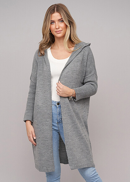 Cloud5ive Damen Longform Cardigan mit Kapuze dunkel grau