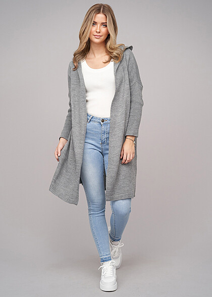 Cloud5ive Damen Longform Cardigan mit Kapuze dunkel grau