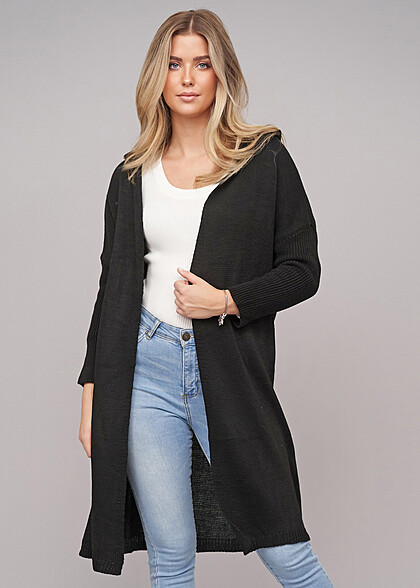Cloud5ive Damen Longform Cardigan mit Kapuze schwarz