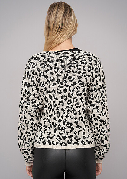Cloud5ive Damen Cropped Cardigan mit Leo-Print schwarz beige